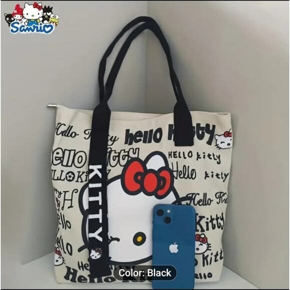 Sanrio Hello Kitty Canvas Reusable Zipper Canvas Tote Bag - Black - Picture 3 of 4